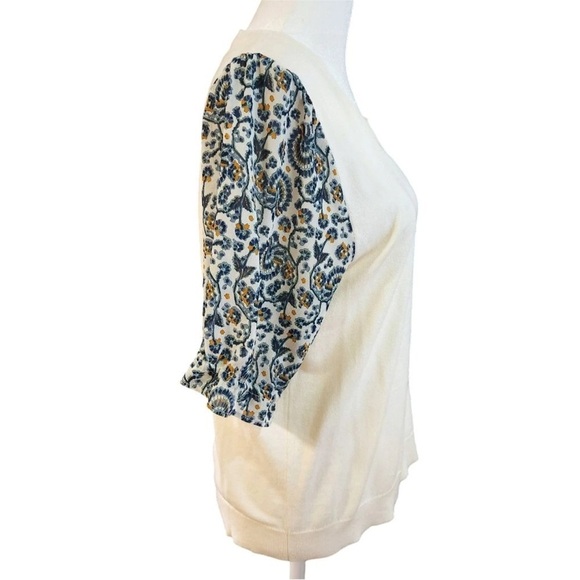 J. Crew Factory Mixed Media Cream for Knit Top with Blue Paisley Sleeves - Picture 9 of 10